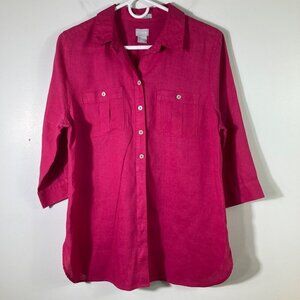 Womens Chicos Petites No Iron Linen Button Shirt 3/4 Sleeve Pink 6P Pockets